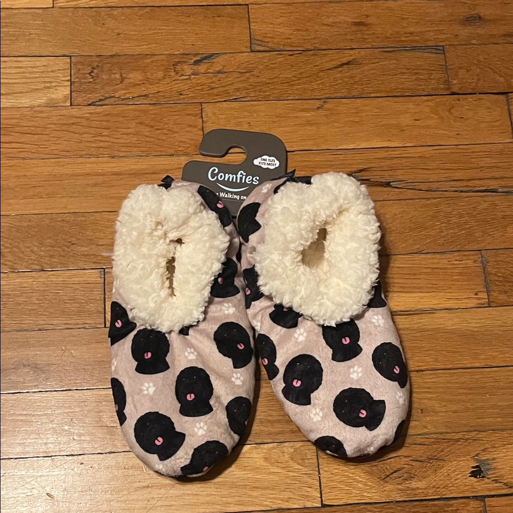 Kids Pink Plush Dog-Print Slip-On Slippers
